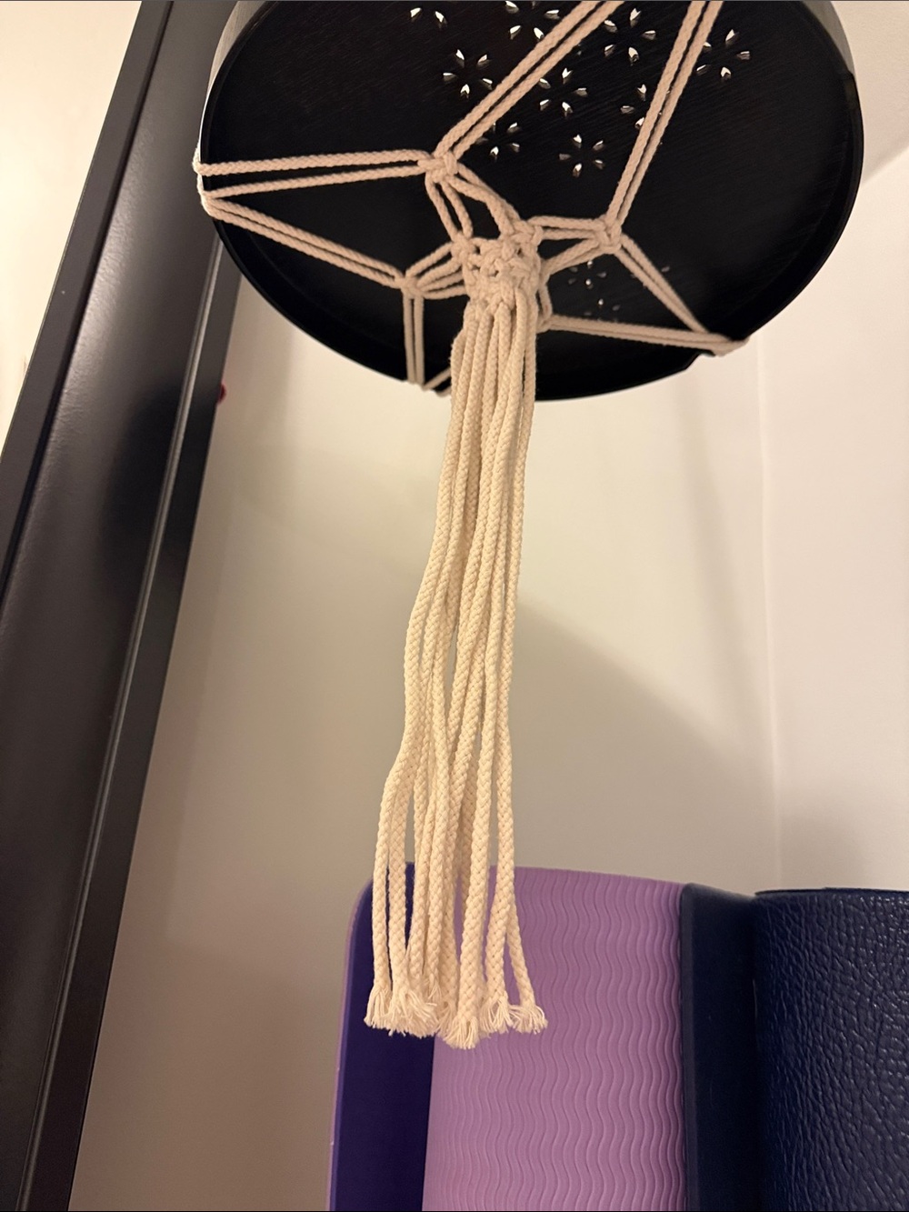 Macramé Hanging Plant Shelf with Black Round Tray - Picture 3 of 5
